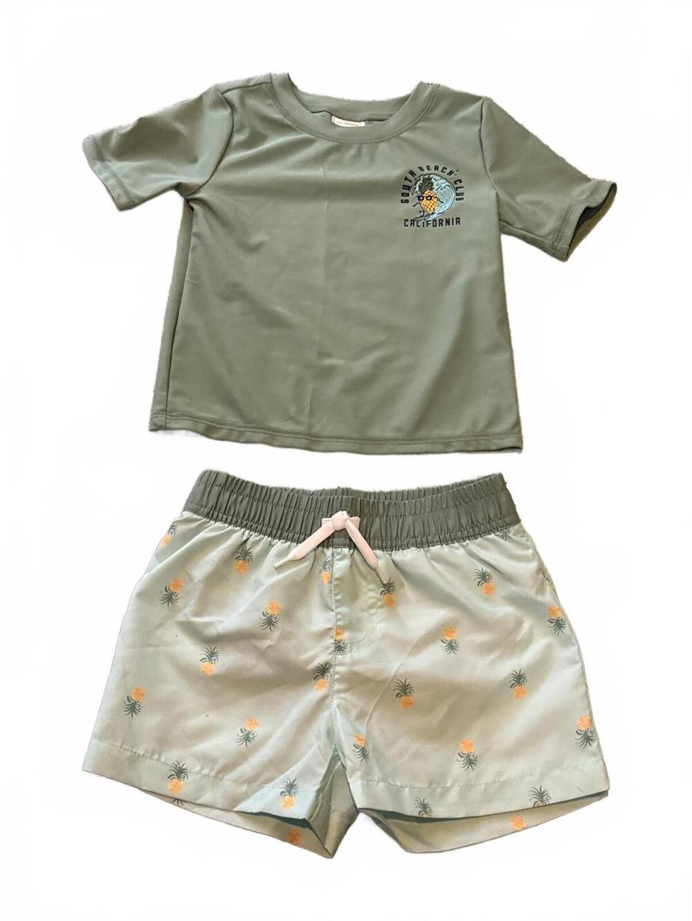 OshKosh B'gosh Toddler Boys Green Rash Guard Pineapple Swim Trunk Set 2T NWOT